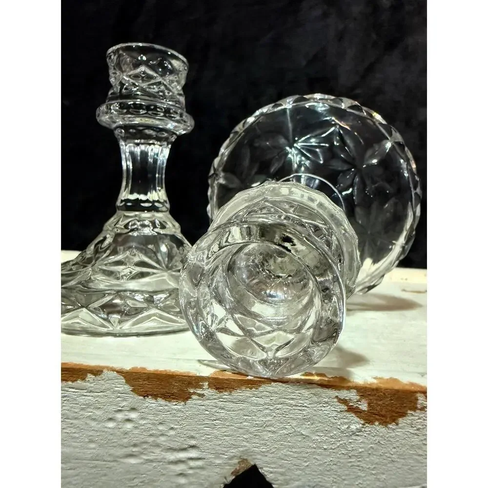 Vintage Pair Pressed Glass Candlestick Holders Starburst Pattern Clear